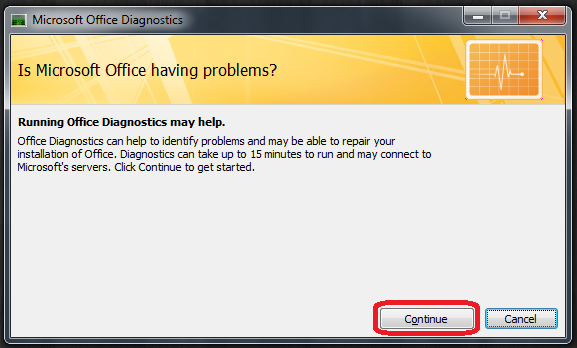 После открытия Microsoft Office Diagnostics нажмите « Продолжить» на первой странице